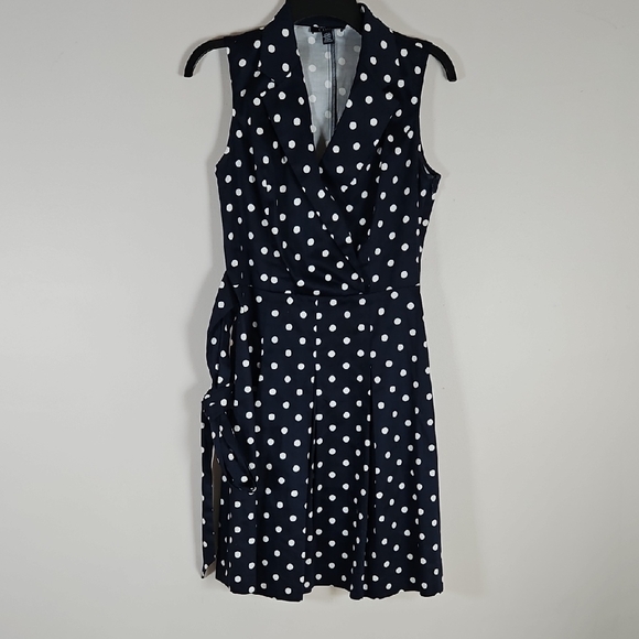Chaps Dress Wrap Top Wide Pleats Skirt Navy White Polka Dot Belt Side Zip SZ6 - Picture 1 of 10